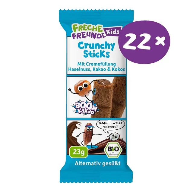 freche-freunde-knabberzeug-crunchy-sticks-waffeln-haselnuss-kakao image 1